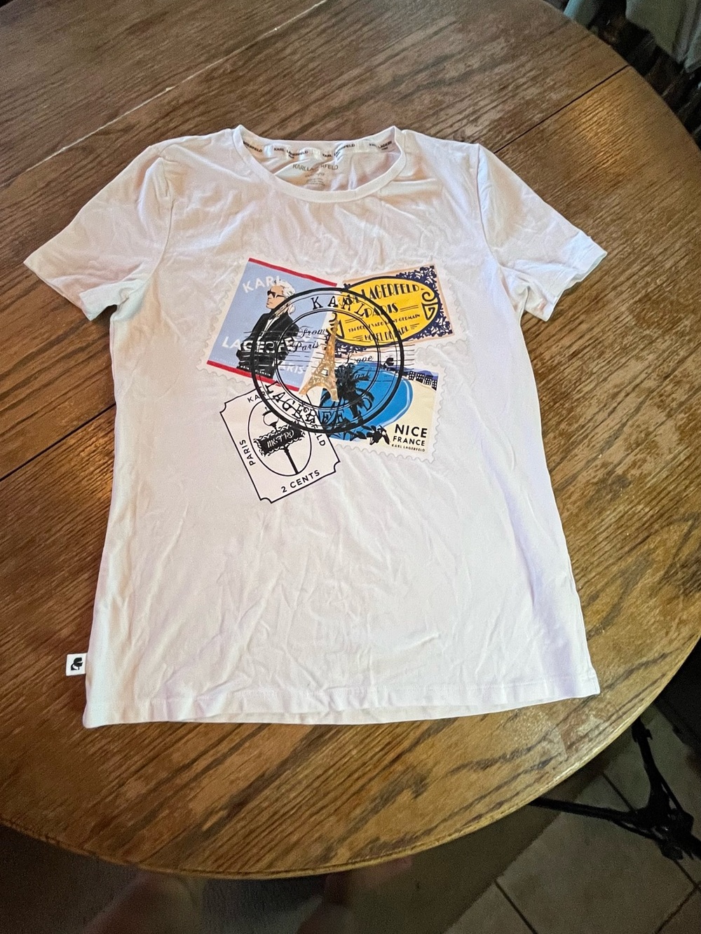 Karl Lagerfeld White Short Sleeve Tee with Multicolor Postage Graphic